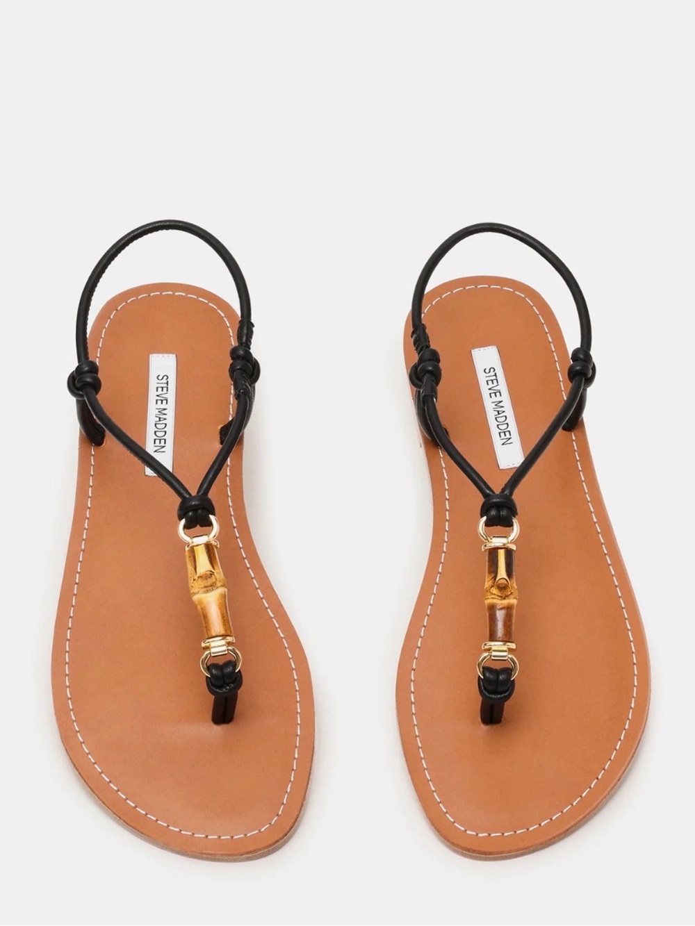 Steve Madden Black and Tan Bamboo T-Strap Sandals